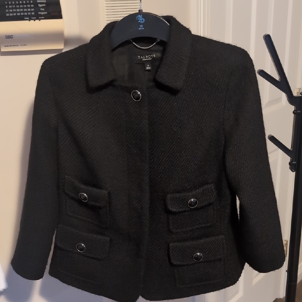 Talbots Black Textured Tweed Bouclé Jacket Blazer Size 8 Four Pocket